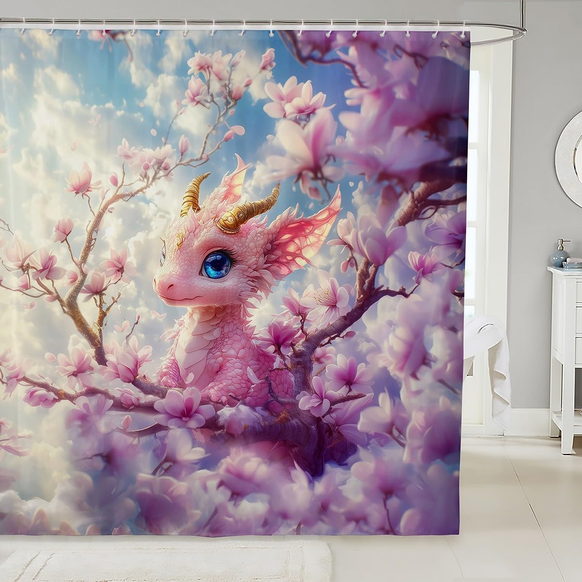 Cherry Blossom Dragon Bathroom Curtain,Cartoon Dragon Shower Curtain for Kids Girls Women Bathroom Decor,Pink Flower Cute Animal Waterproof Curtain,Nature Floral Bath Curtain,12 Hooks,72"Wx78"L