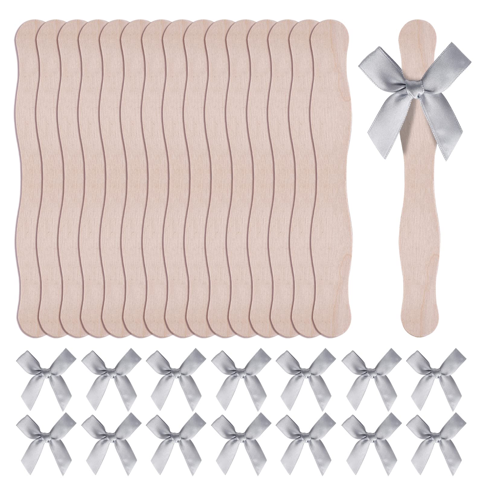 50 Pcs 8 in Wooden Fans Sticks with 50 Pcs Bows Fan Handle Craft Sticks for Wedding,Church Crafting Painting DIY Hand Held Parlor Fans (Silver)