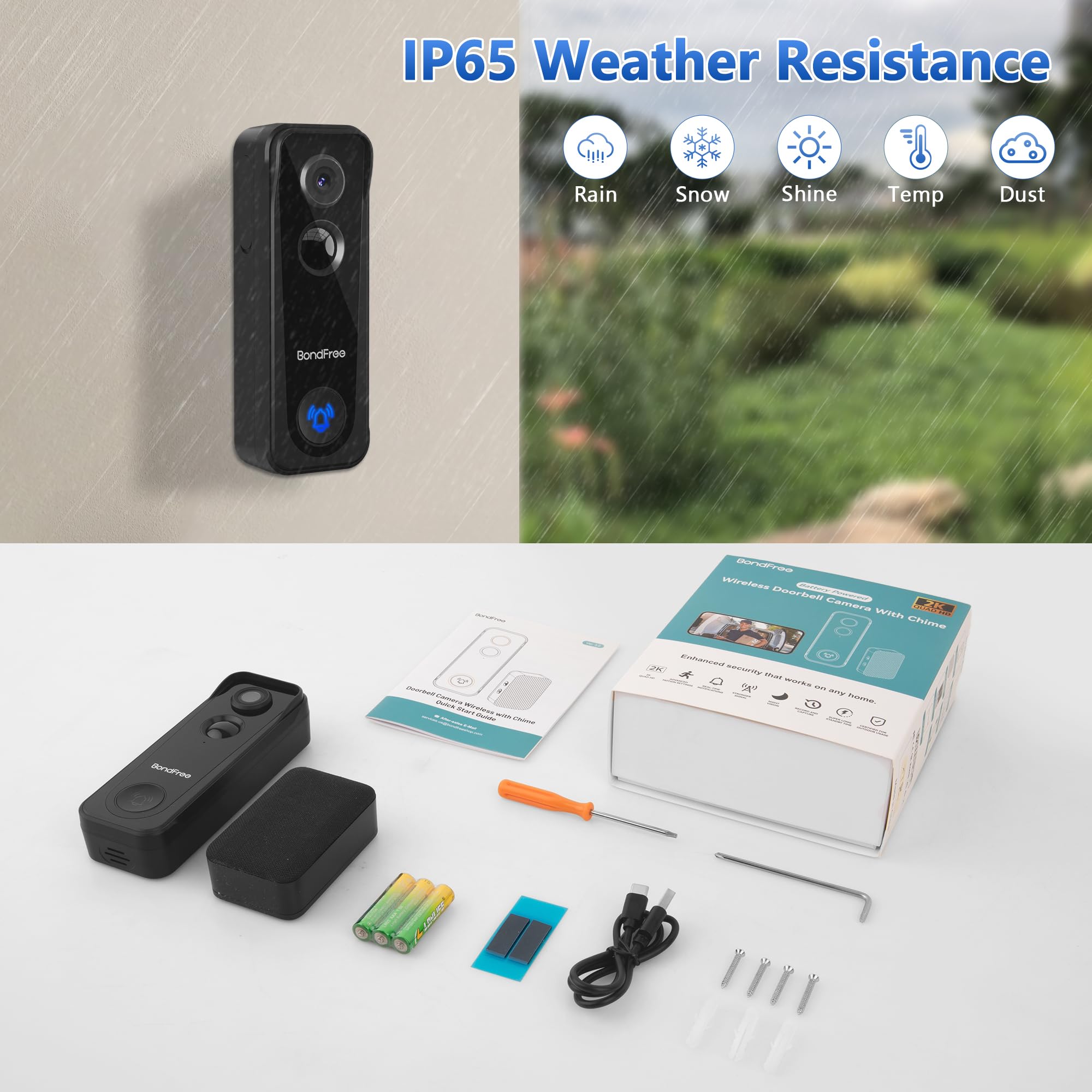 Bondfree Wireless Doorbell Camera 2k Hd Video Doorbell 5200mah