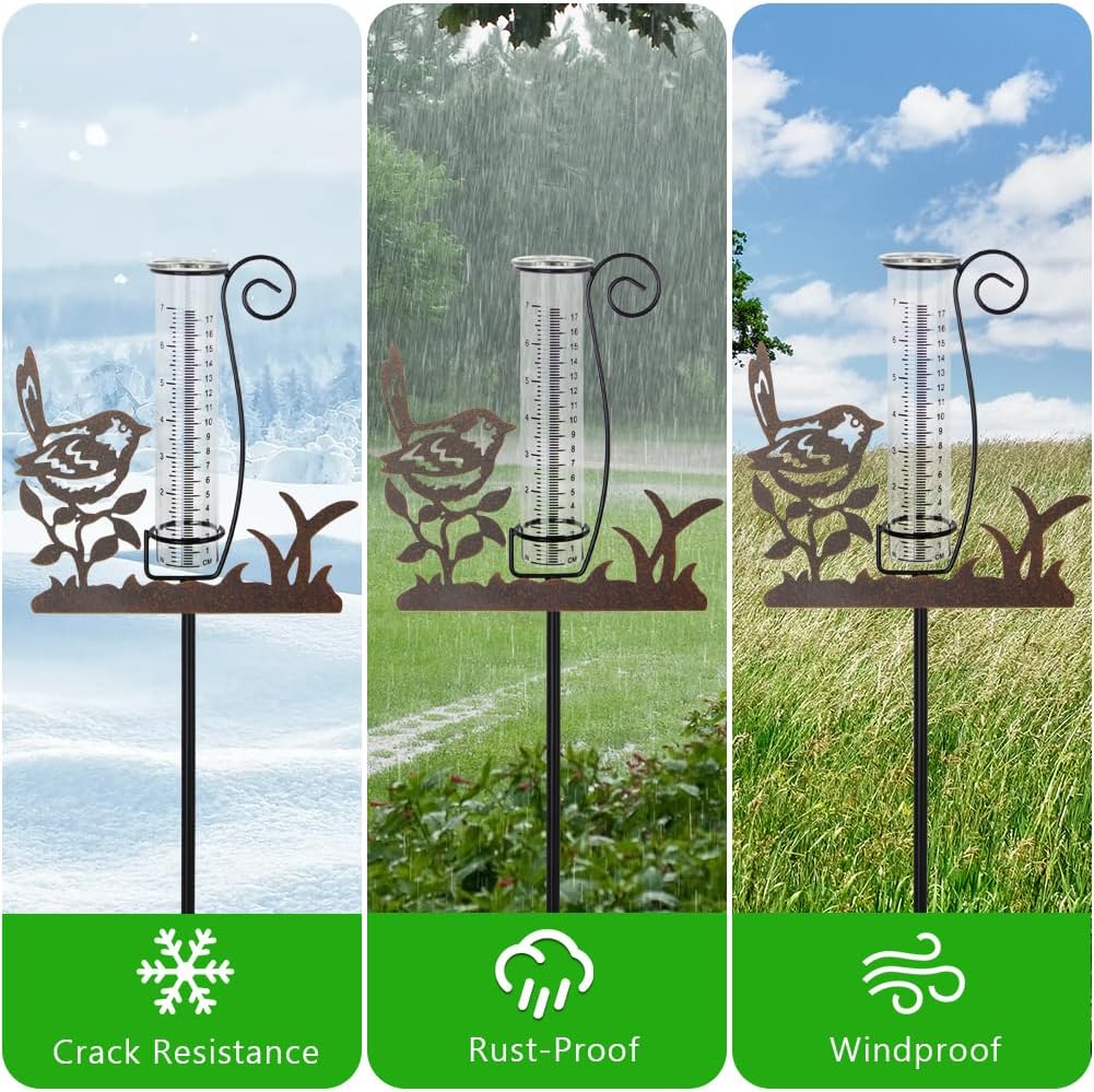 Rain Gauge Outdoor,7 Inch Bird Decorative Rain Gauge with Removable Metal Plate,Freeze Proof Water Rain Measure Gauge for Yard Patio Lawn Garden Decor