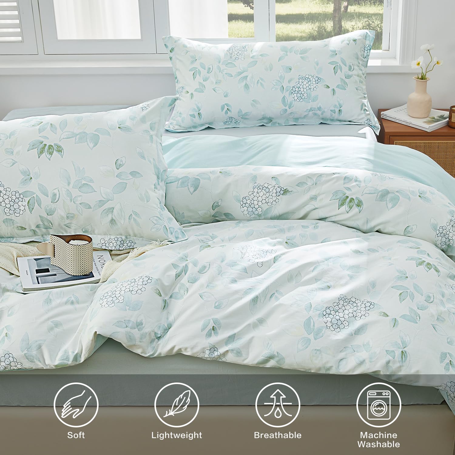 SAPHREAS Agua Blue Botanical Duvet Cover 100% Cotton Single Size Leaves Bedding Comforter Cover Set Soft 1 Duvet Cover 1 Pillow Sham - Image 4