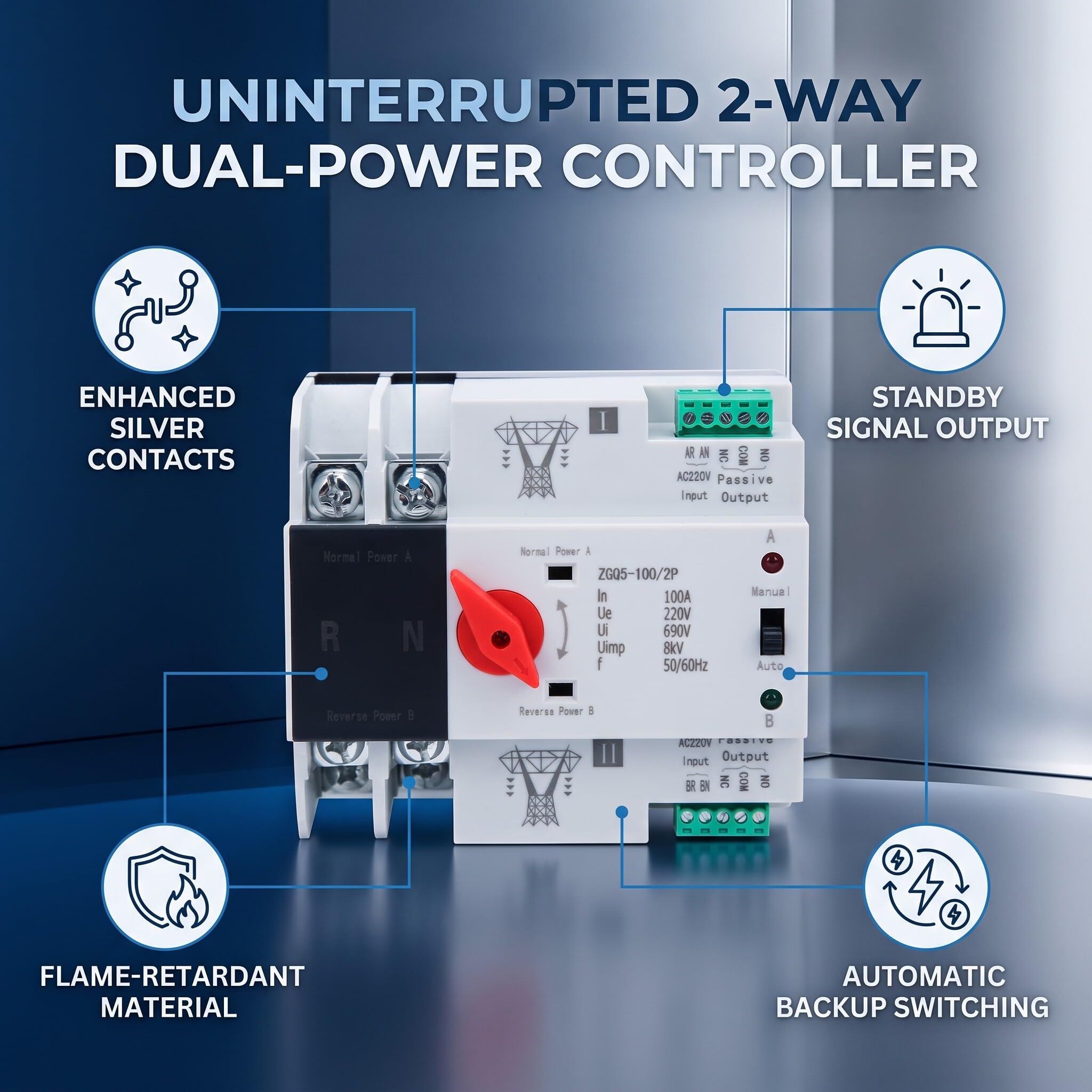 Interruttore di Trasferimento Automatico 2P Dual Power, 220V 100A ATS, Guida DIN, ZGQ5-100/2P, per Corrente Comunale e Generatore