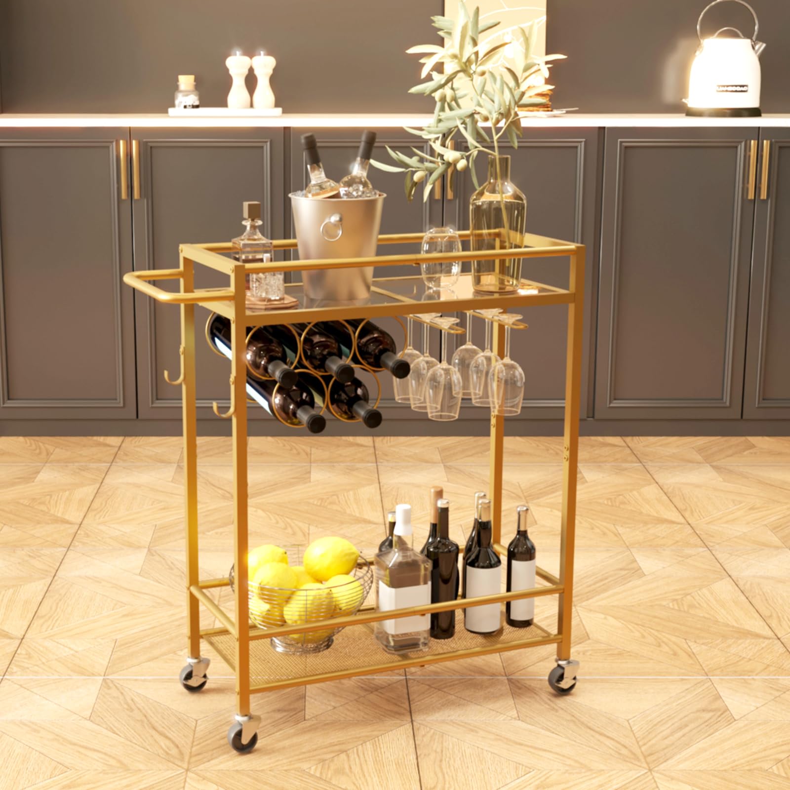 Barwagen Mit 2 Ebenen & Weinregal – Gold/weiß, 88 Cm Hoch, Mit Rollen & Feststellbremsen