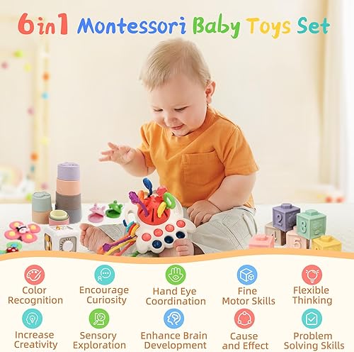 Vista 2 de Juguetes Montessori 6 en 1 para niños de 3 años, juguete sensorial de cuerda para tirar, Fidget Spinners suaves bloques de bebé apilables tazas