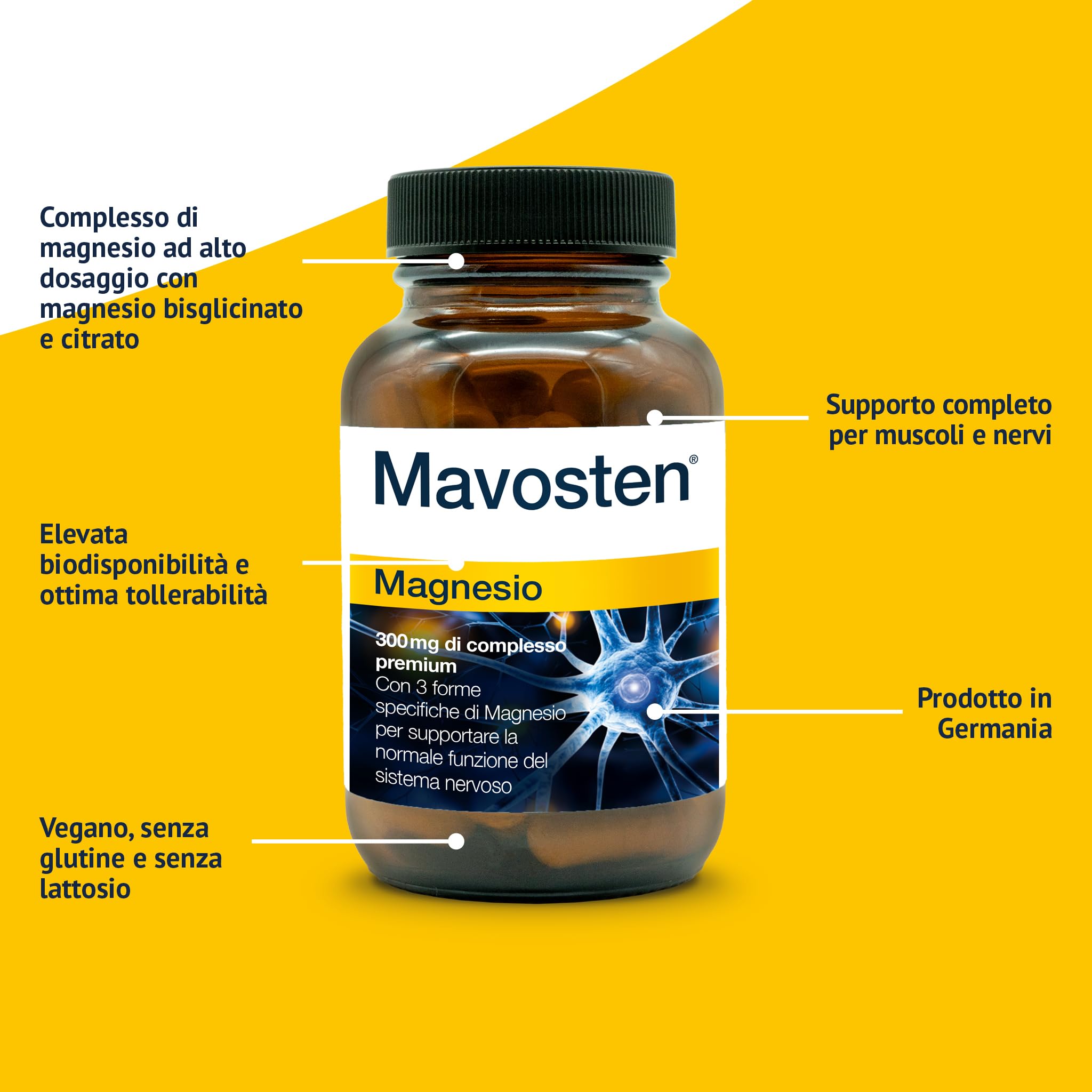 Mavosten® Magnesio [60 capsula] – complesso premium ad alto dosaggio con magnesio bisglicinato | elevata biodisponibilità | testato in laboratorio | vegano | dallo specialista del sistema nervoso