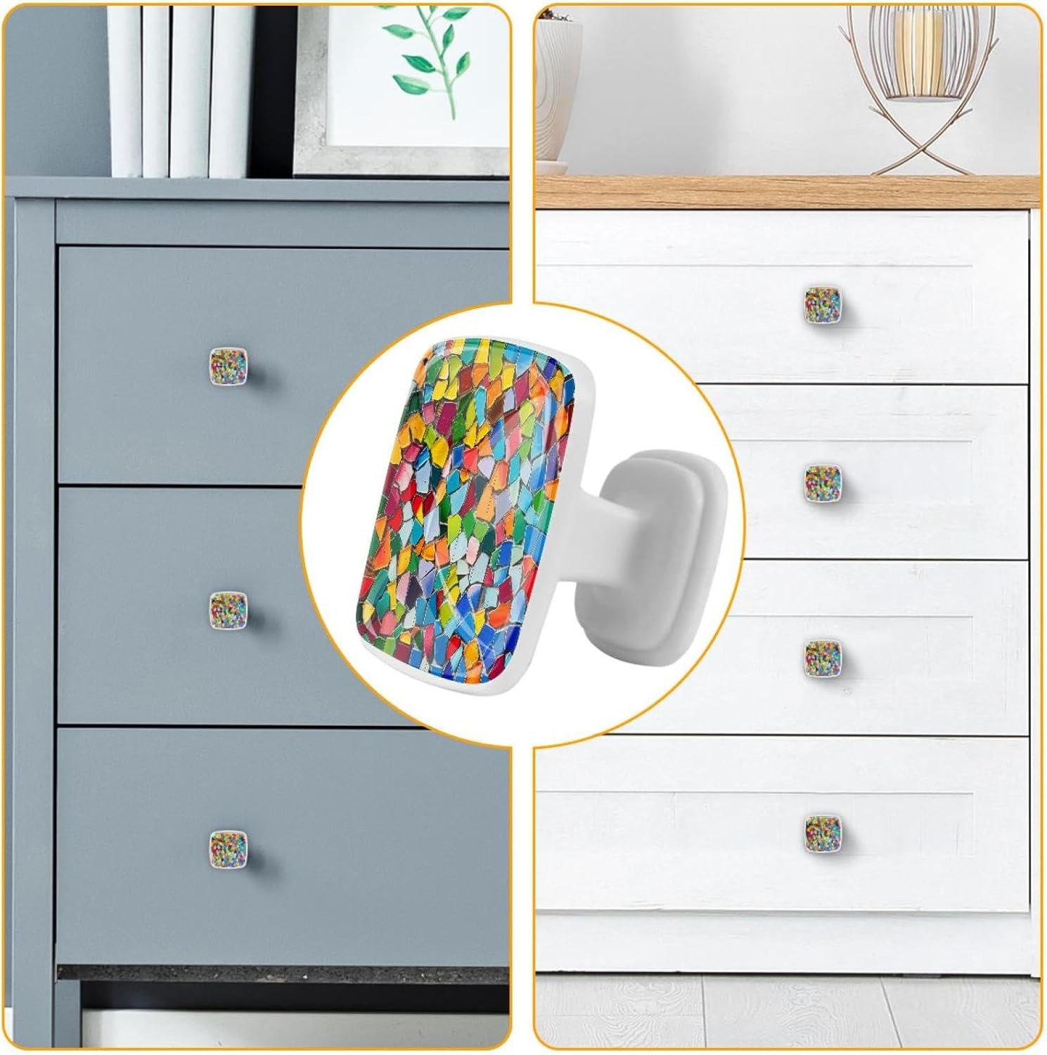 Colorful Mosaic Art Pattern 4 PCS Cabinet Knobs with 2 Sizes Screws, 30mm Drawer Handles Crystal Glass Squre Shaped Cupboards Door Knobs for Dresser Drawers and Kitchen, Bathroom Cabinet, Office