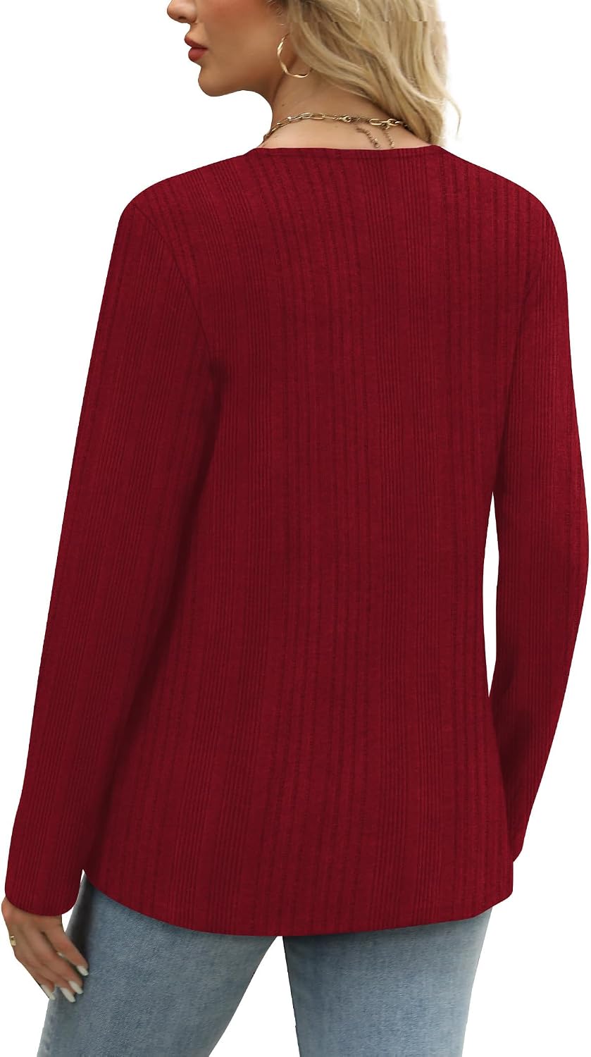 SAMPEEL Sweaters for Women Long Sleeve Shirts V Neck Tops with Buttons Fall Fashion Outfits Winter Clothing 2025
