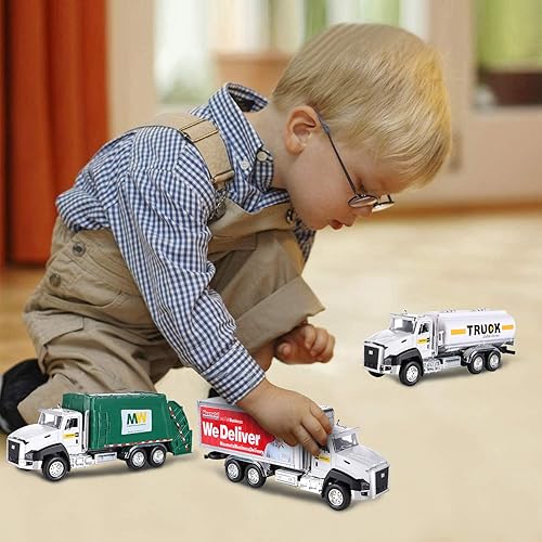 Miniatura 7 de GC Paquete de 3 vehículos de transporte fundidos a presión juego de juguetes para camiones camión de basura camión cisterna camión de entrega escala