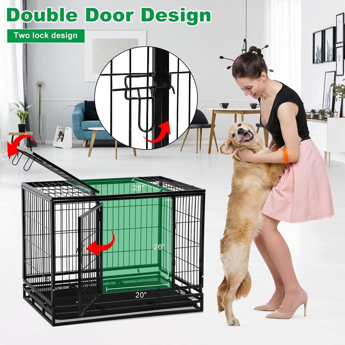 48 inch XXL Heavy Duty Large Dog Kennel with Plastic Tray & Wheels, Dog Cage Outdoor Crate with Double Doors,Easy to Clean Metal Wire Crates Pet Animal Segregation Cage Crate for Dogs Training Indoor