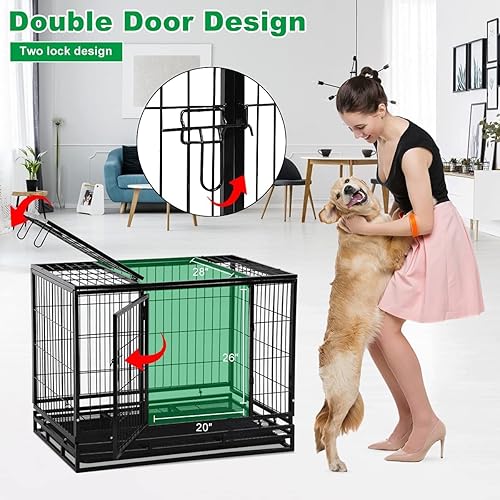 Miniatura 3 de Perrera para perros grande resistente con bandeja de plástico y ruedas, jaula XXL de 48 pulgadas para perros al aire libre con puertas dobles, cajas