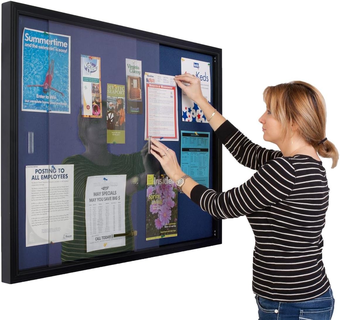 Locking Bulletin Board, 48 x 36 Inch, Blue Fabric, Sliding Glass Doors