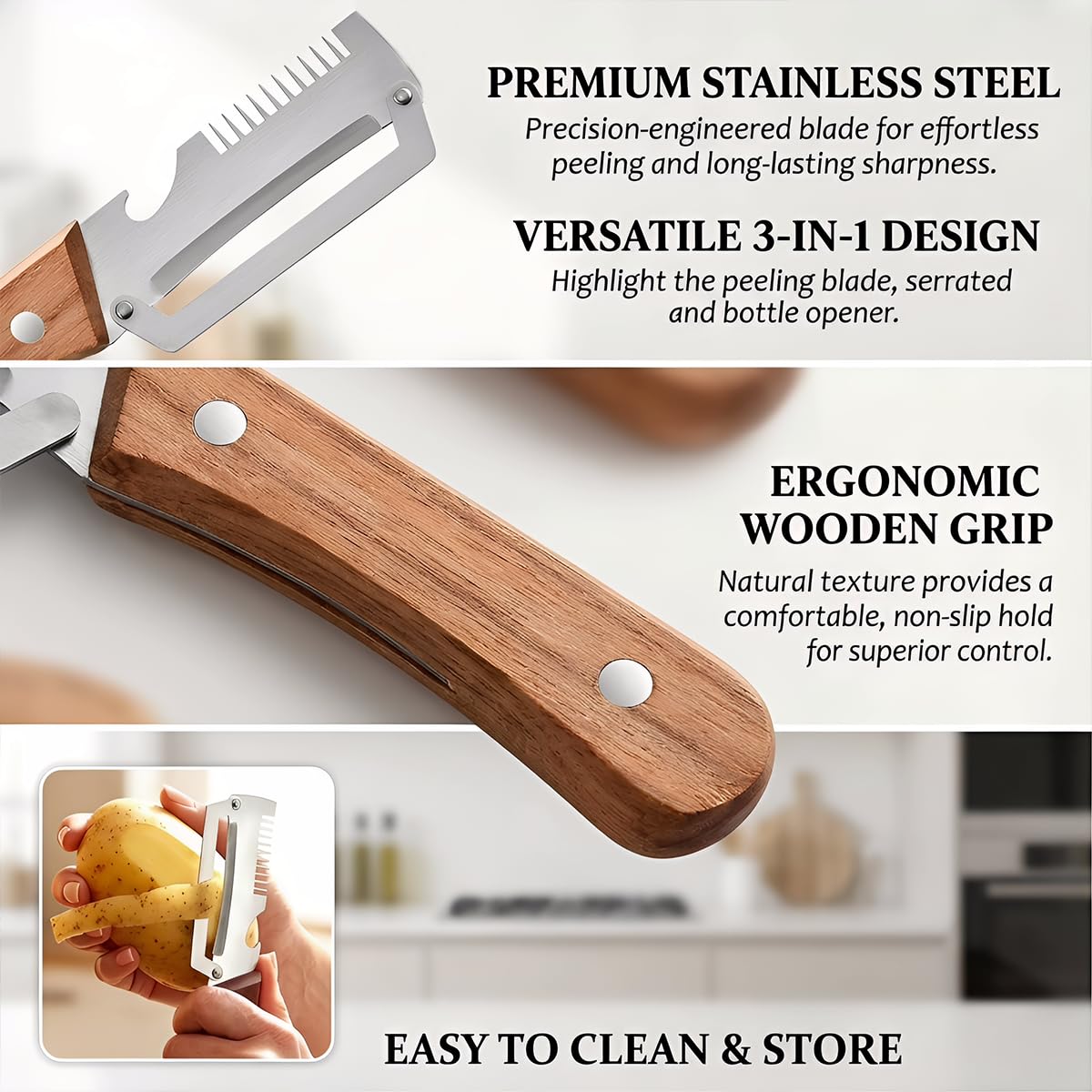 Vegetable Peeler for Kitchen – Multifunctional Stainless Steel Peeler with Wooden Handle & Bottle Opener, Durable for Fruits and Vegetables — view 3