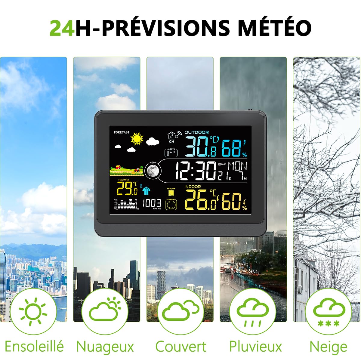 Uzoli E0622 Station météo sans fil avec capteur extérieur, horloge DCF