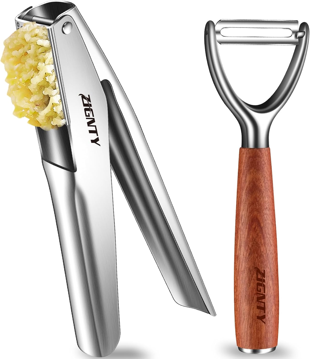 Premium Kitchen Tool Kit, Stainless Steel Garlic Press + Ultra Sharp Y Shaped Wooden Peeler, Heavy Duty Ergonomic Handle, 5-year Warranty