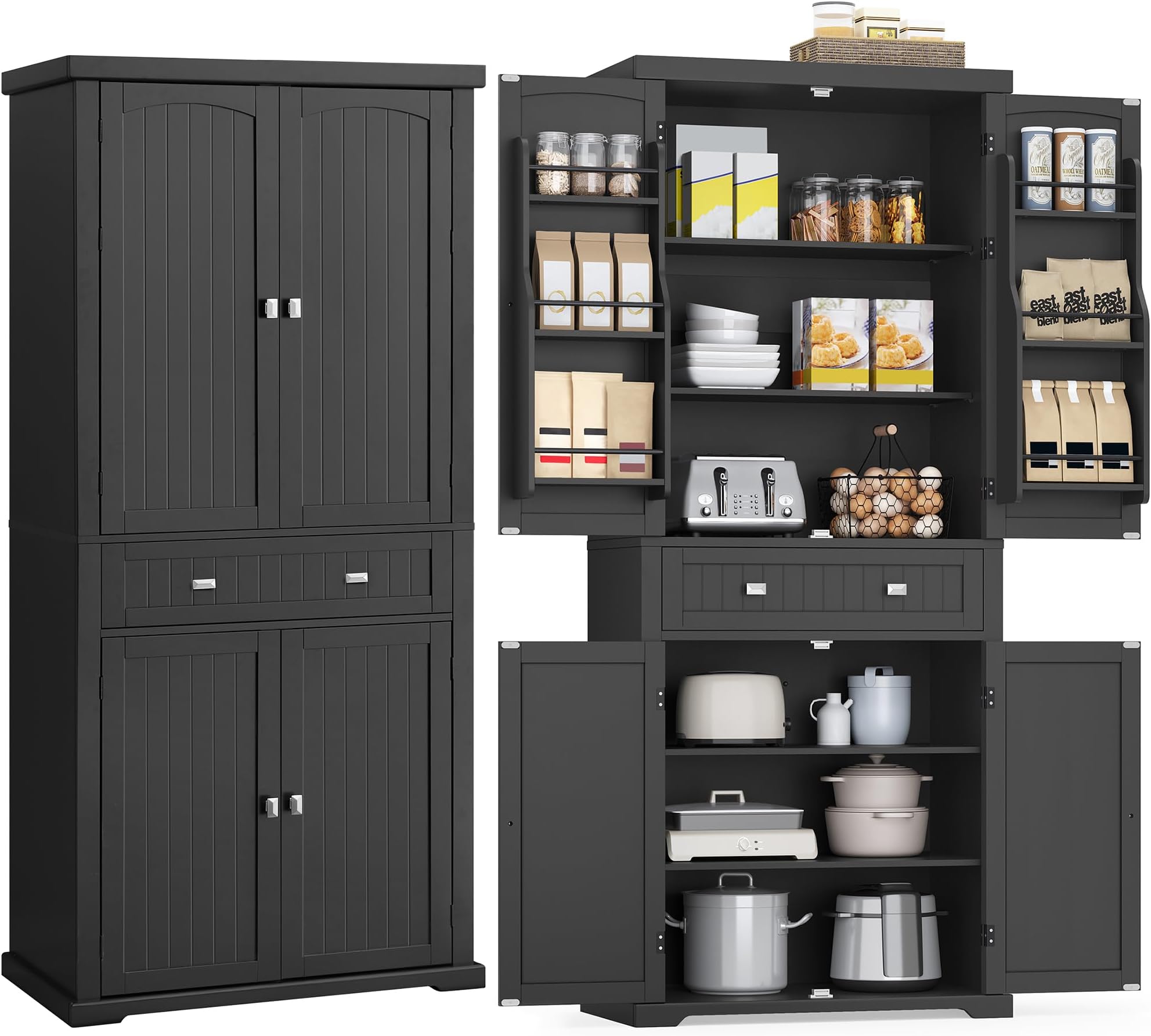 Pantry Cabinet, 71.7-Inch High Freestanding Tall Cupboard Storage Cabinet with a Drawer, 2 Cabinets, 4 Adjustable Shelves, 6 Door Shelves, for Living Room, Kitchen, Ink Black UBBC561B12