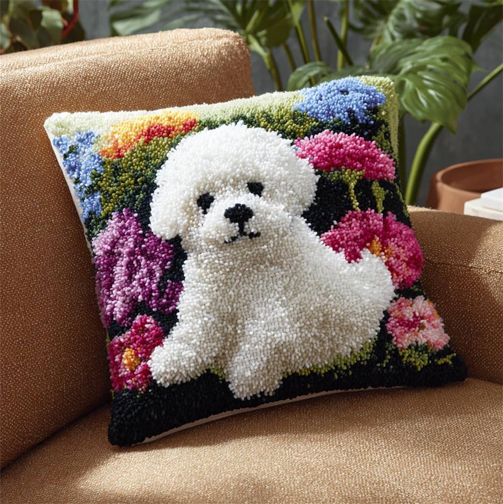 Taxpy Latch Hook Kits for Adults,Bichon Frise and Flowers Embroidery Art Kits, Animal Embroidery Kits, 17 * 17" DIY Pillowcase Hook and Latch Kit