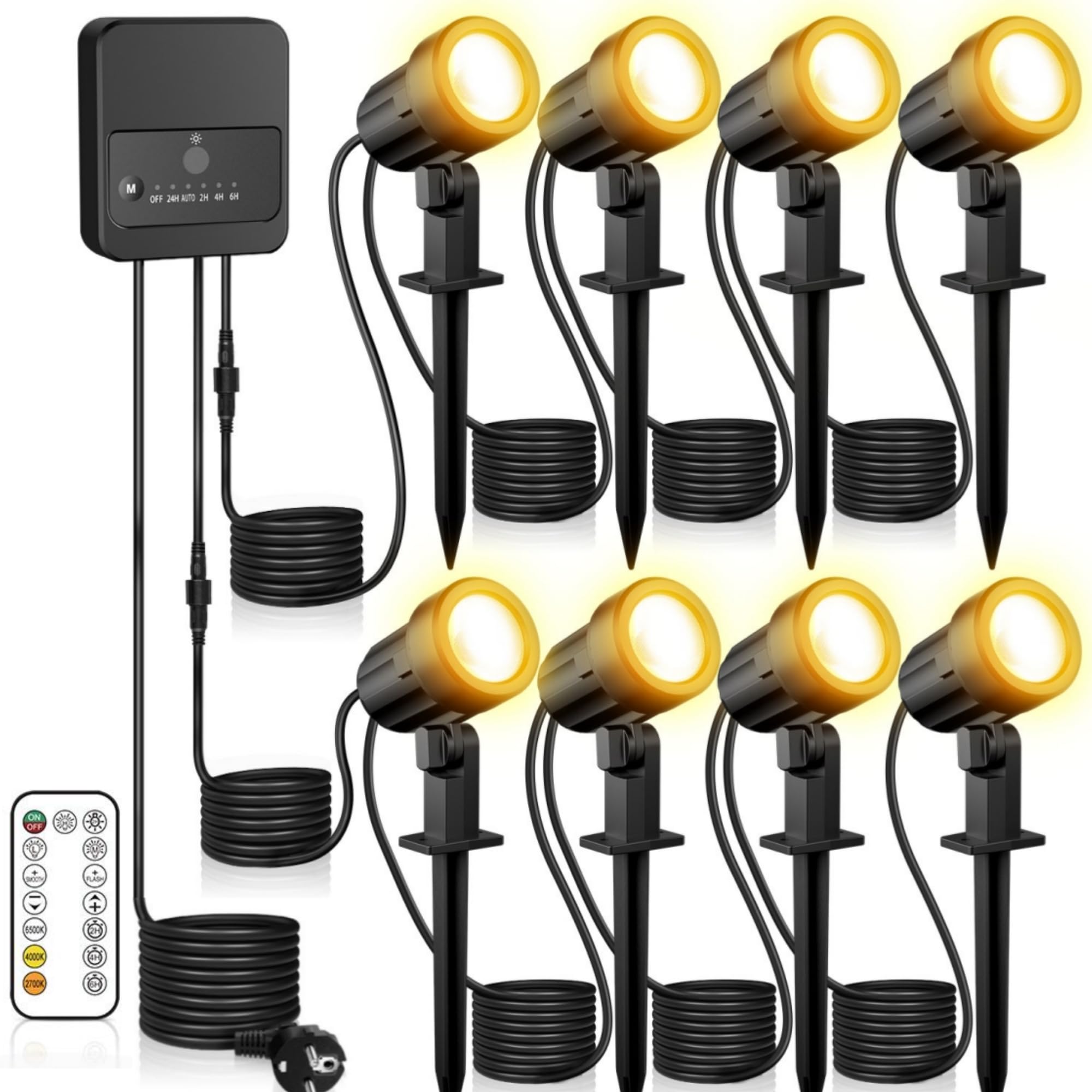 Linke LED-Gartenstrahler 8-in-1 mit Fernbedienung | IP66 wasserdicht, 2700-6500K dimmbar, 6 Modi, 3 Helligkeitsstufen, Timer- & Speicherfunktion, 23m Kabel, Dämmerungssensor