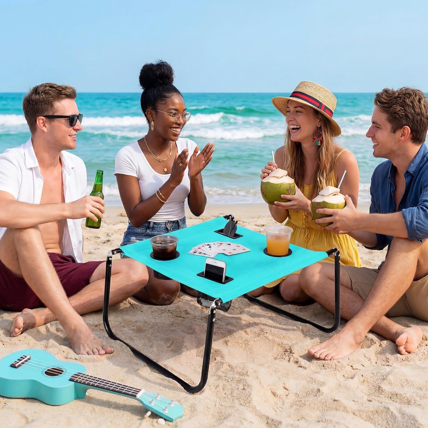 Portable Beach Table Foldable Camping Picnic Table with Cup Holder and Phone Pockets Lightweight Stable for Tailgate Travel Fishing Hiking and Outdoor Adventures(Lake Blue,Solid Pattern)