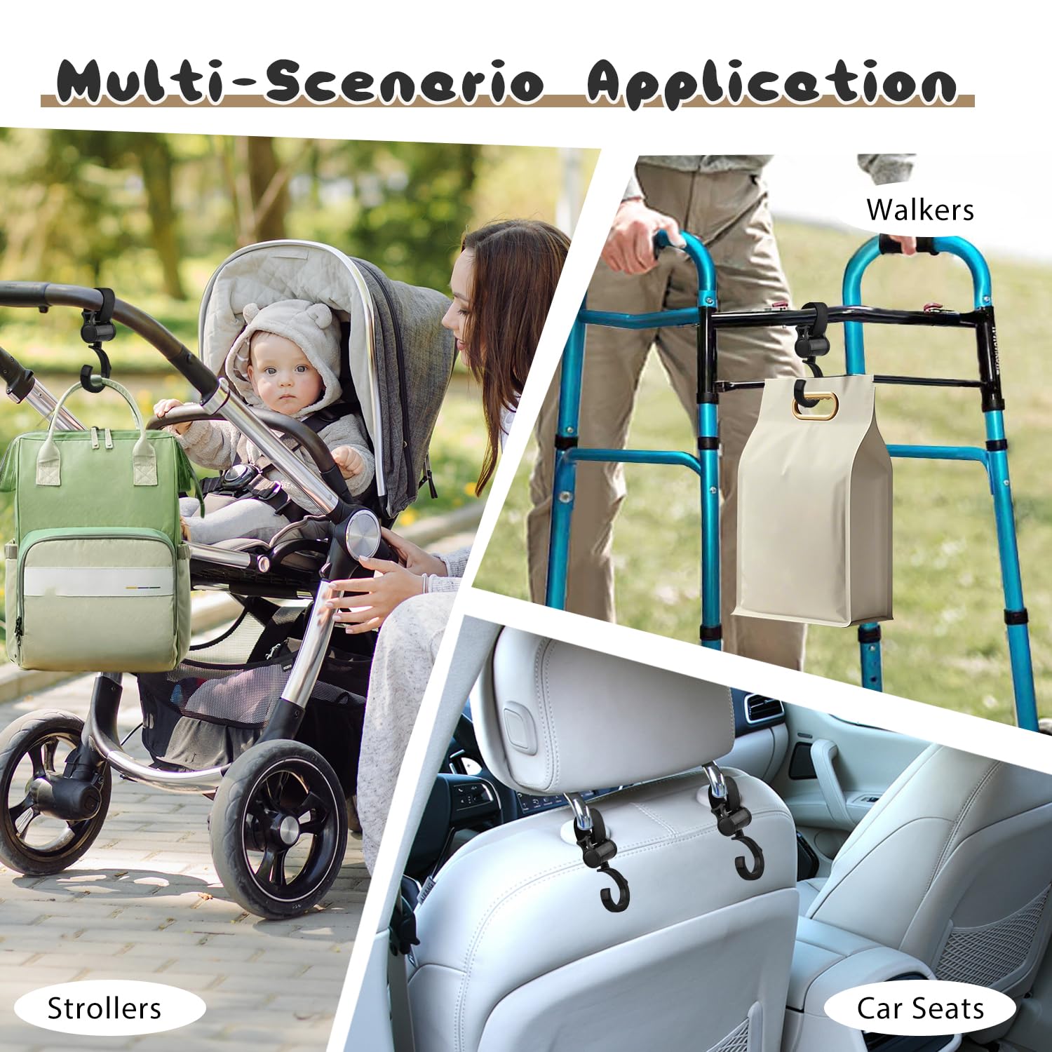 8 Pcs Walker Hooks Wheelchair Hanging Hooks Stroller Hanger Rotation Stroller Clip for 360° Bags Purse Organizer Outdoor Jogging Walking Shopping