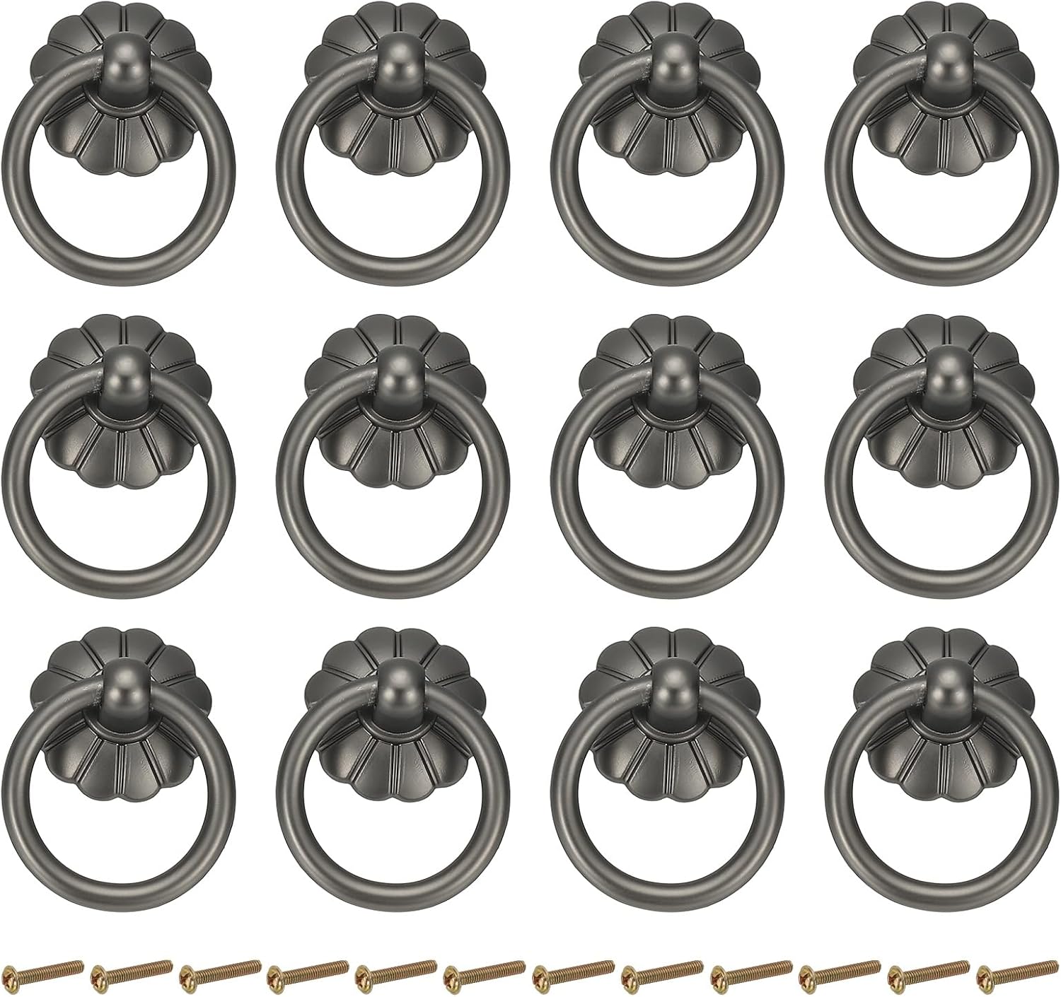 PATIKIL 12Pack Drawer Ring Pull Handles, 1.65" Zinc Alloy Hole Ring Cabinet Knobs with Screws for Cupboard Cabinet Drawer Dresser Closet Door, Matt Gunmetal