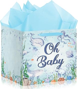 Extra Large Under the Sea Gift Bag for Baby Shower, Ocean Animals Square Gift Bag with Tissue Papers Blue Sea Animals Present Bags Oh Baby Wrapping Paper Bag for New Parents Gender Reveal Party Favors