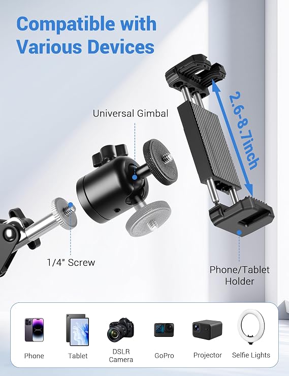 Overhead Camera Mount, Desk Camera Mount with 360 Adjustable Arm and Phone Holder for DSLR Cameras/iPhone/Webcam/Ring Light, Desk Phone Stand for Video Recording,Zoom Meeting,YouTube,TikTok