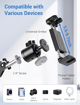 Overhead Camera Mount, Desk Camera Mount with 360 Adjustable Arm and Phone Holder for DSLR Cameras/iPhone/Webcam/Ring Light, Desk Phone Stand for Video Recording,Zoom Meeting,YouTube,TikTok