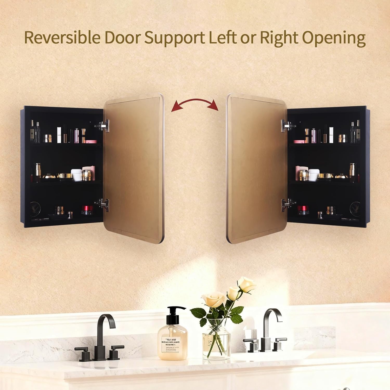 Bathroom Medicine Cabinet with Gold Wood Framed Mirror, Recessed or Wall Mount Bathroom Vanity with Storage Shelves 17.5x26 inch