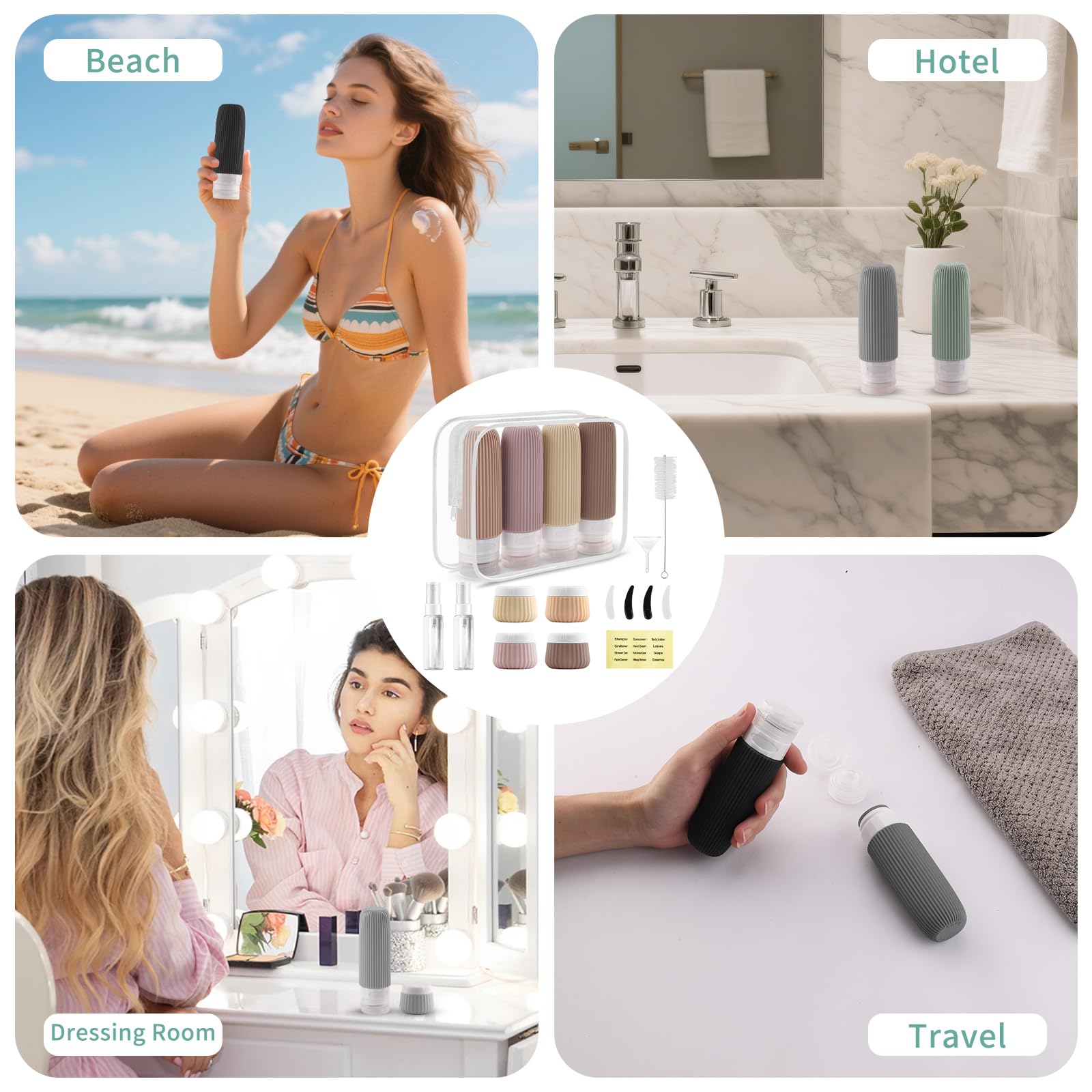 18 Pezzi Bottiglie da Viaggio in Silicone, Kit Viaggio Liquidi Riutilizzabili, Flaconi da Viaggio con Etichetta Possono Riempire Cosmetici, Articoli da Bagno e Altri Liquidi e Creme