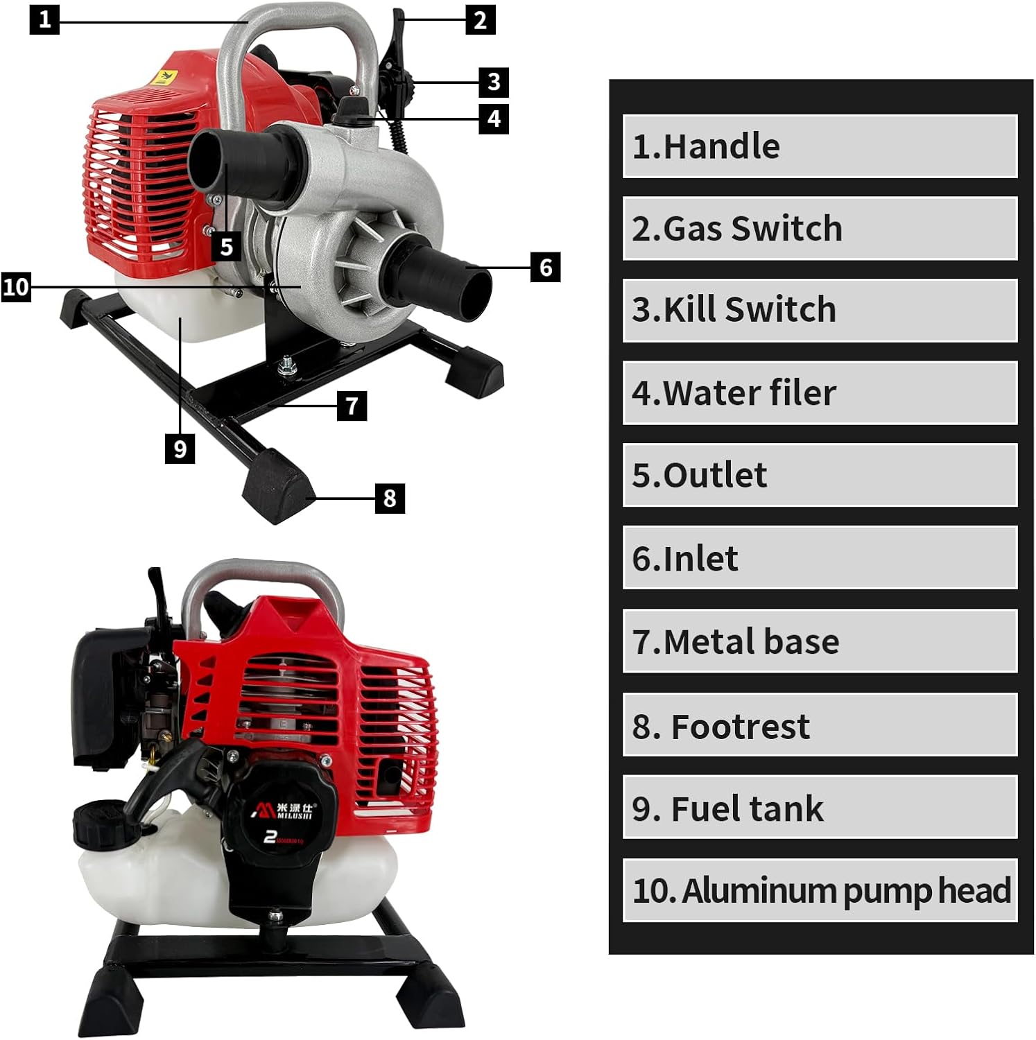 2-Stroke 1.5Inch Gasoline Water Transfer Pump,2.3HP 52CC Engine Gas Powered Trash Water Pump,8500RPM Single Cylinder Air Cooled Pump, High Flow Water Transfer Pump for Garden Irrigation