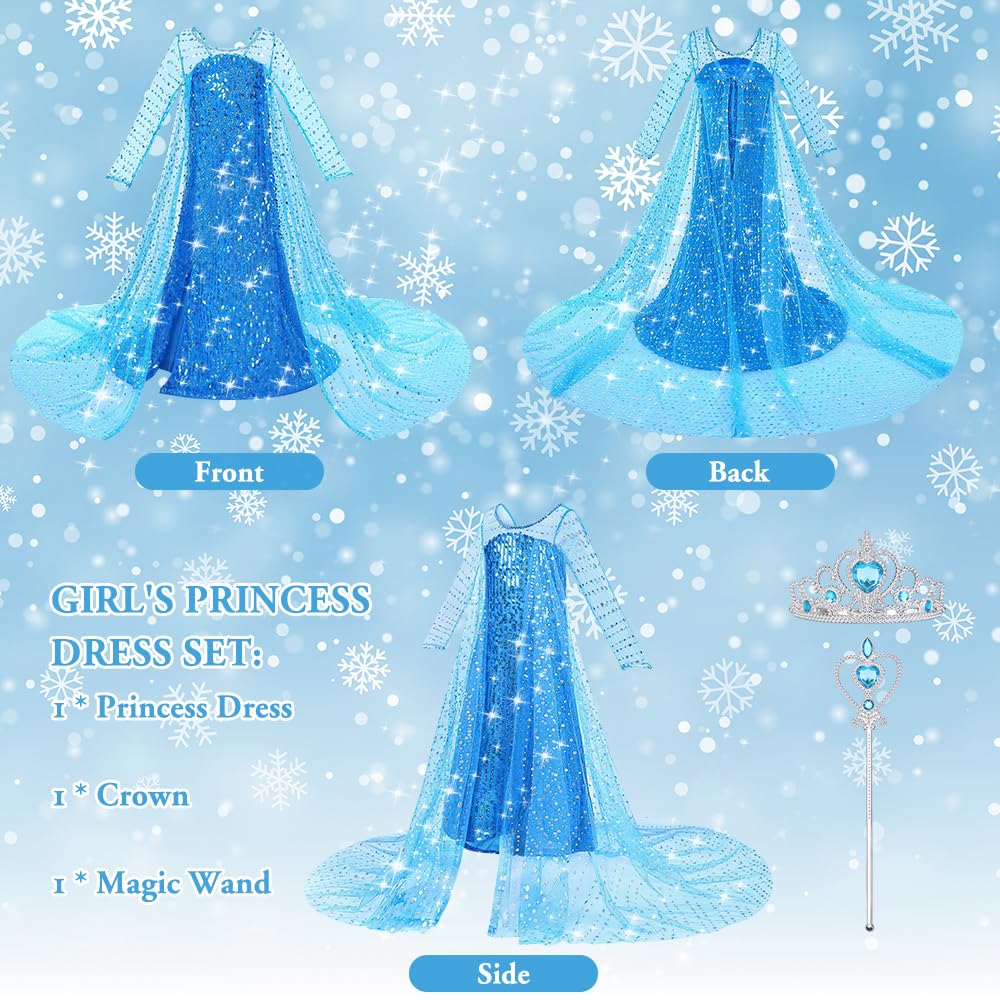 ACWOO Costume Elsa, costume da principessa bambina con accessori per corona e bacchetta di Elsa, abiti principessa Elsa con paillettes lussuose, costume bambina Halloween Cosplay compleanno carnevale