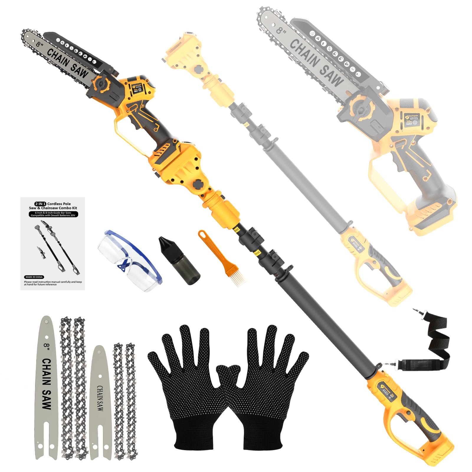 6/8 inch Chainsaw & Pole Saw, Compatible with DeWalt Battery 20v - Portable Small Electric Cordless Brushless Trimming Purning Chainsaw Set(3 in 1)