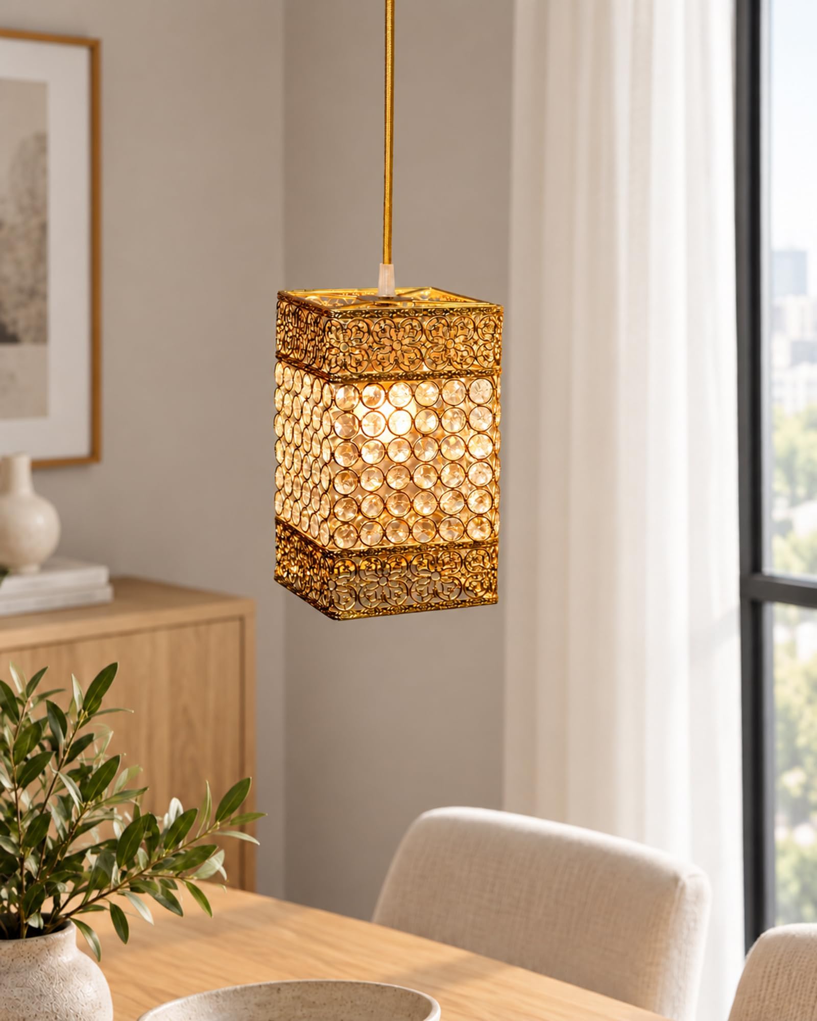 Homesake Crystal Beaded Pendant Light - Antique Gold Finish, Boho Style, Modern Ceiling Lamp for Living Room, Bedroom, Dining Room, Elegant Lighting Fixture, Home Dรฉcor(Gold)