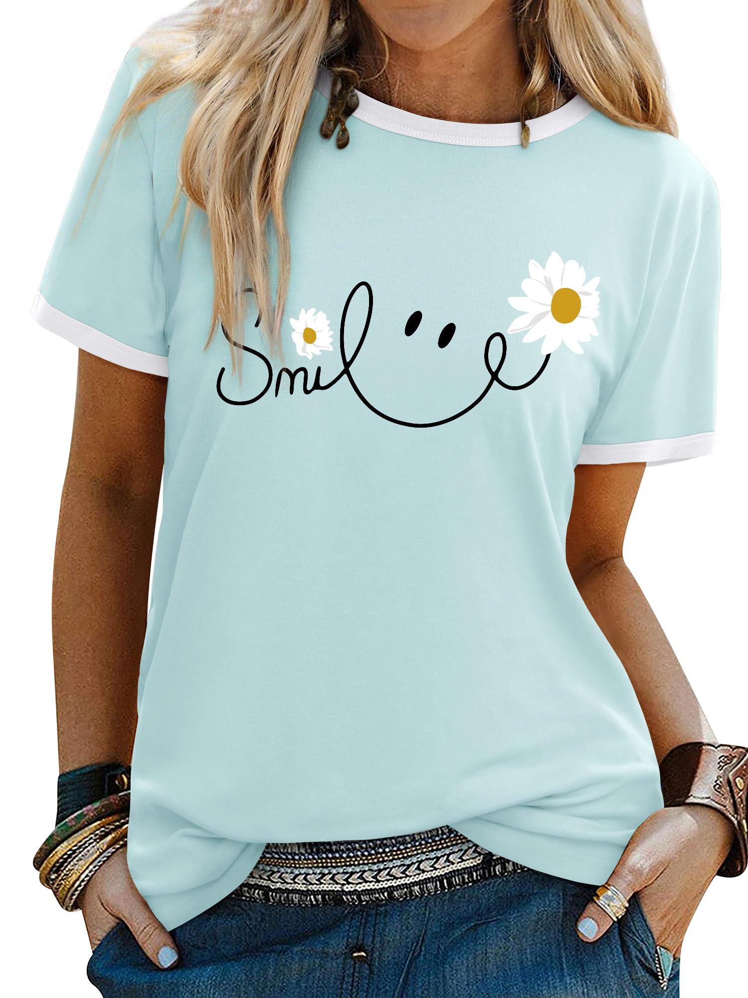 Yihelian Tshirts Frauen Rundhals Top Damen Daisy Print Kurzarm Tee Shirt Sommer Lächeln Brief Gedruckt Shirts