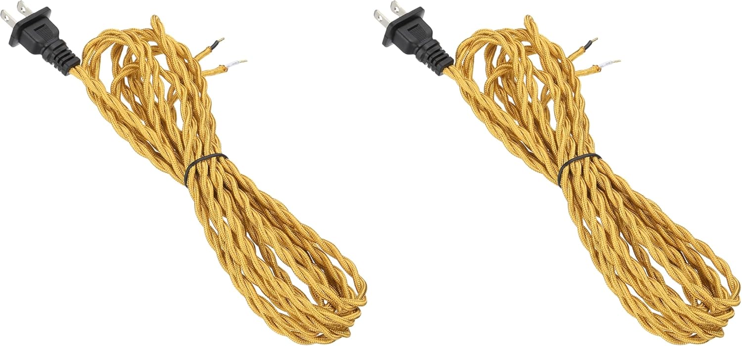 uxcell 12Ft 18/2 Twisted Cloth Covered Lamp Cord, 1 Pcs Vintage Fabric Electrical Wire with Plug Stripped Ends Ready for Extension Wiring DIY Repairing, Golden (Pack of 2)