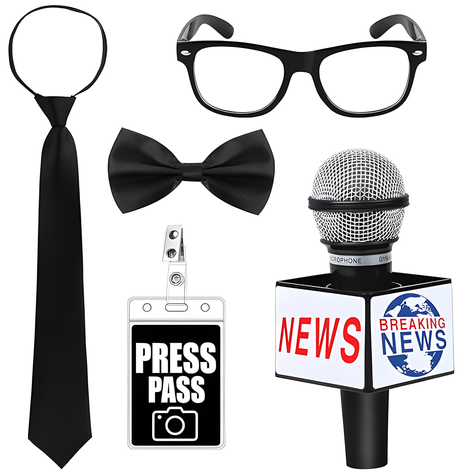 5 Pcs Journalist News Reporter Dressing Accessories Set,Fake Microphone Prop, Glasses, Bow Tie, Pass Identity Card and Tie for Career Day Dress-up Outfit for Adult