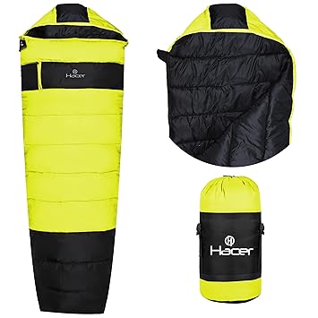 Hacer Khardunga La Camping Sleeping Bag with Secret Pocket Mummy Shape 210T Polyester +6 to +15 Degree Winter Hiking Trekking Travelling for Baby, Adults Men & Women (7 Ft, 1.2 KG, Black & Yellow)