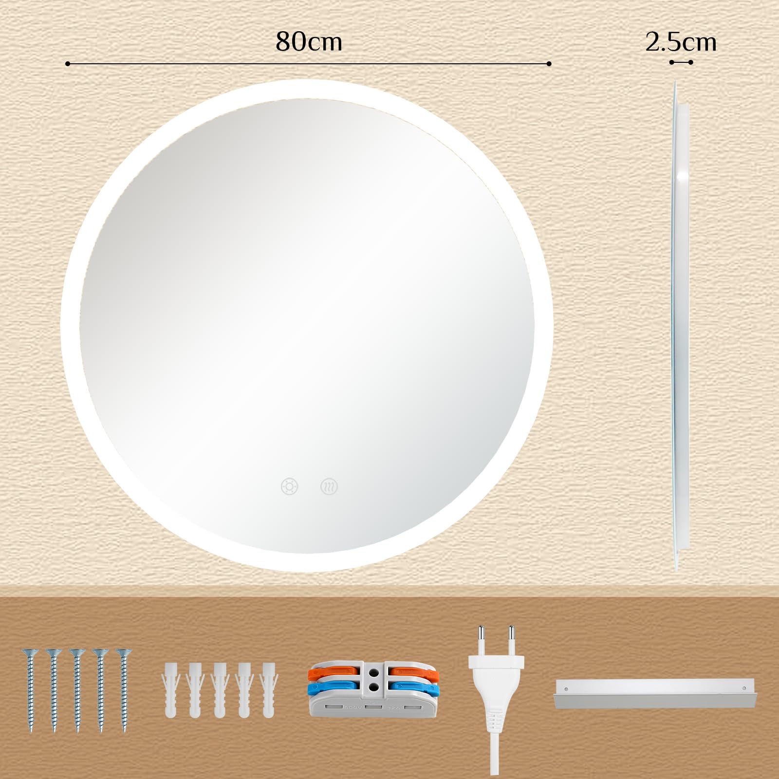 Clevich Badspiegel mit Beleuchtung rund 80 cm, LED Spiegel mit 3 Lichtfarben dimmbar, gehärtetes Glas und mattierter Rand, Touch-Schalter, Memory-Funktion, beschlagfrei, Badezimmerspiegel mit Licht
