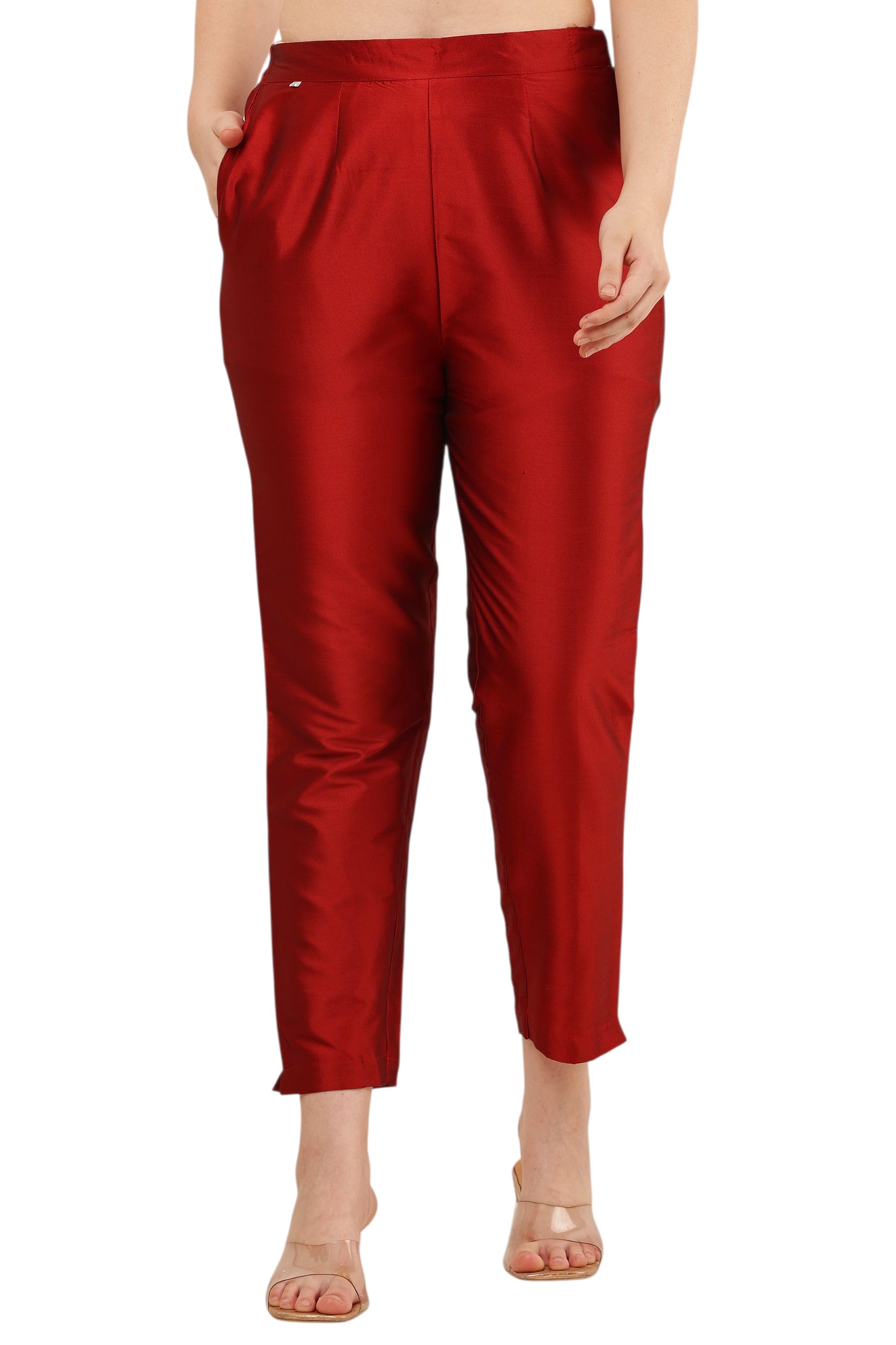 Women's Taffeta Silk Trouser Pants, Maroon, Elastic Waist with One Side Pockets, Ankle Length-picture-29
