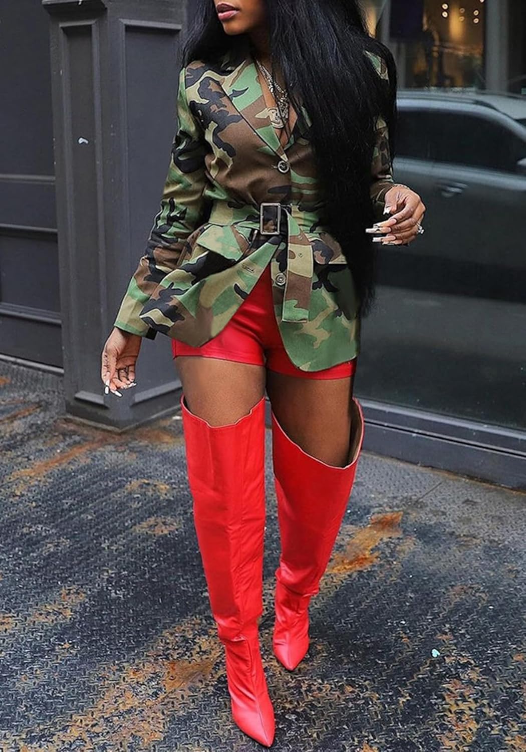 Women's Camo Button Boyfriend Jackets with Pockets Distressed Army Fatigue Casual Long Sleeve Ripped Coat Outerwear - Image 3