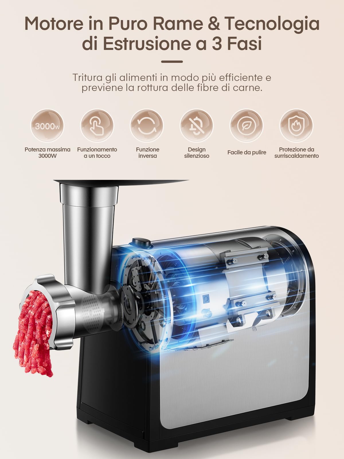 Tritacarne, 3 in 1 Tritacarne Elettrico con 3 Piastre Abrasive in Acciaio Inox, 1 Cubo e 3 Tubi di Riempimento per Salsicce, 300W, 2000W max
