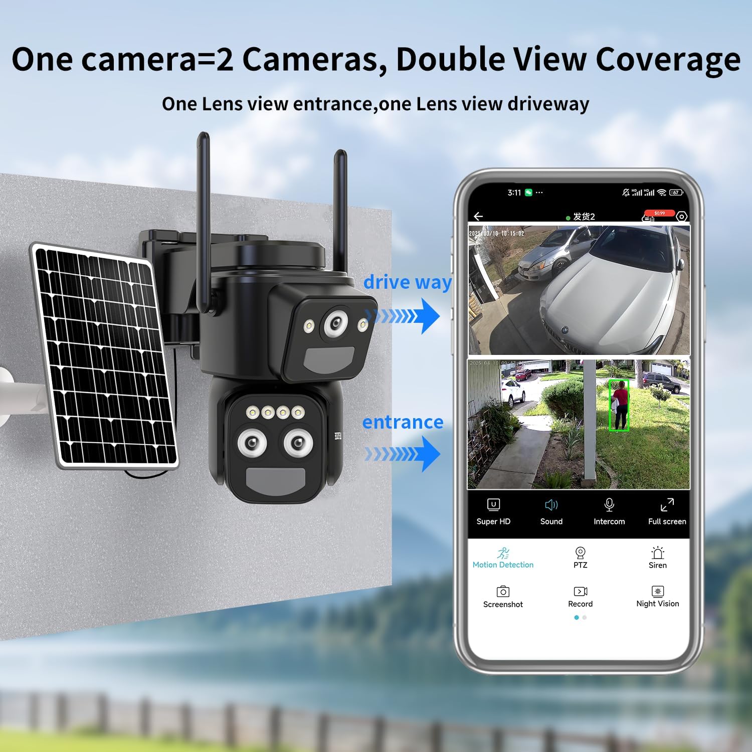 LETSCEE Security Cameras Wirelss Outdoor Solar Powered for Home Security, 360 View Outside Camera,Motion Detection,10x Hybrid Zoom PAN Tile,i IP-65 Weather Proof (3 Lens Hybrid Zoom)