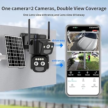 LETSCEE Security Cameras Wirelss Outdoor Solar Powered for Home Security, 360 View Outside Camera,Motion Detection,10x Hybrid Zoom PAN Tile,i IP-65 Weather Proof (3 Lens Hybrid Zoom)