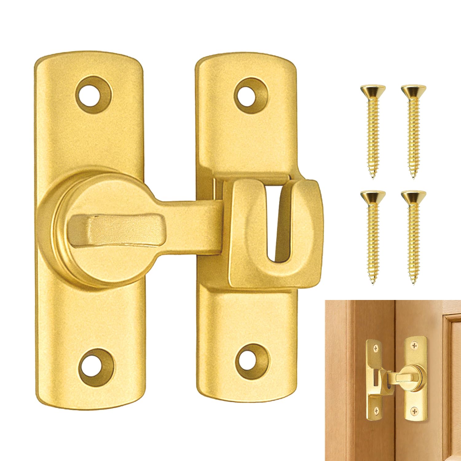 Gold Door Latch, Zinc Alloy 90°/180° Rotatable Flip Latch with Screw-Strong and Permanent Mount Installation for Bathroom, Bedroom, Cabinets and Gates