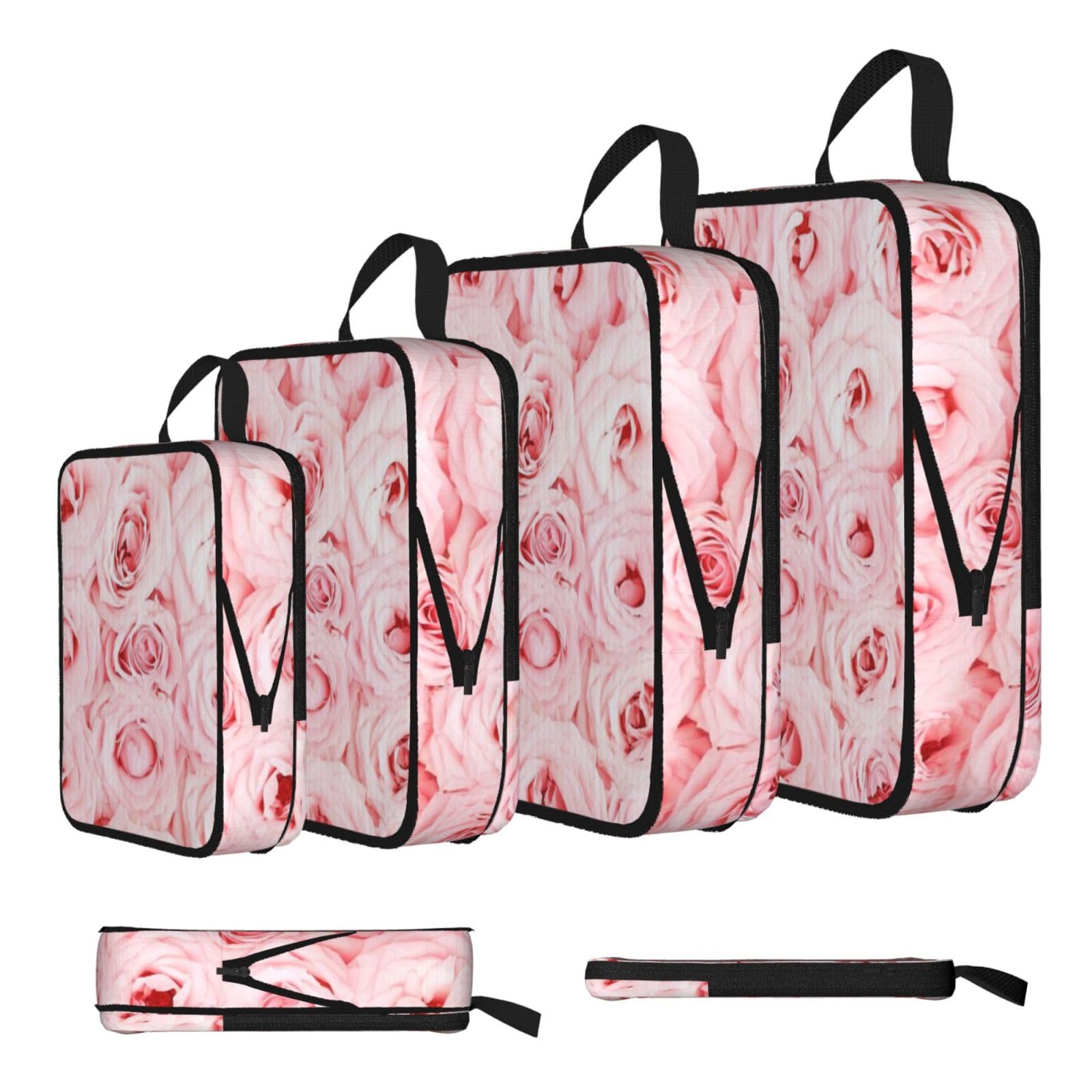 Pink Fresh Roses Print 4 Set Compression Packing Cubes For Suitcases,Expandable Storage Bags Organizers