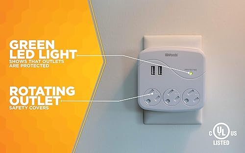 Miniatura 5 de Woods 41029 - Grifo de sobretensión de 3 tomas con 2 puertos USB, 560 julios de protección, color blanco