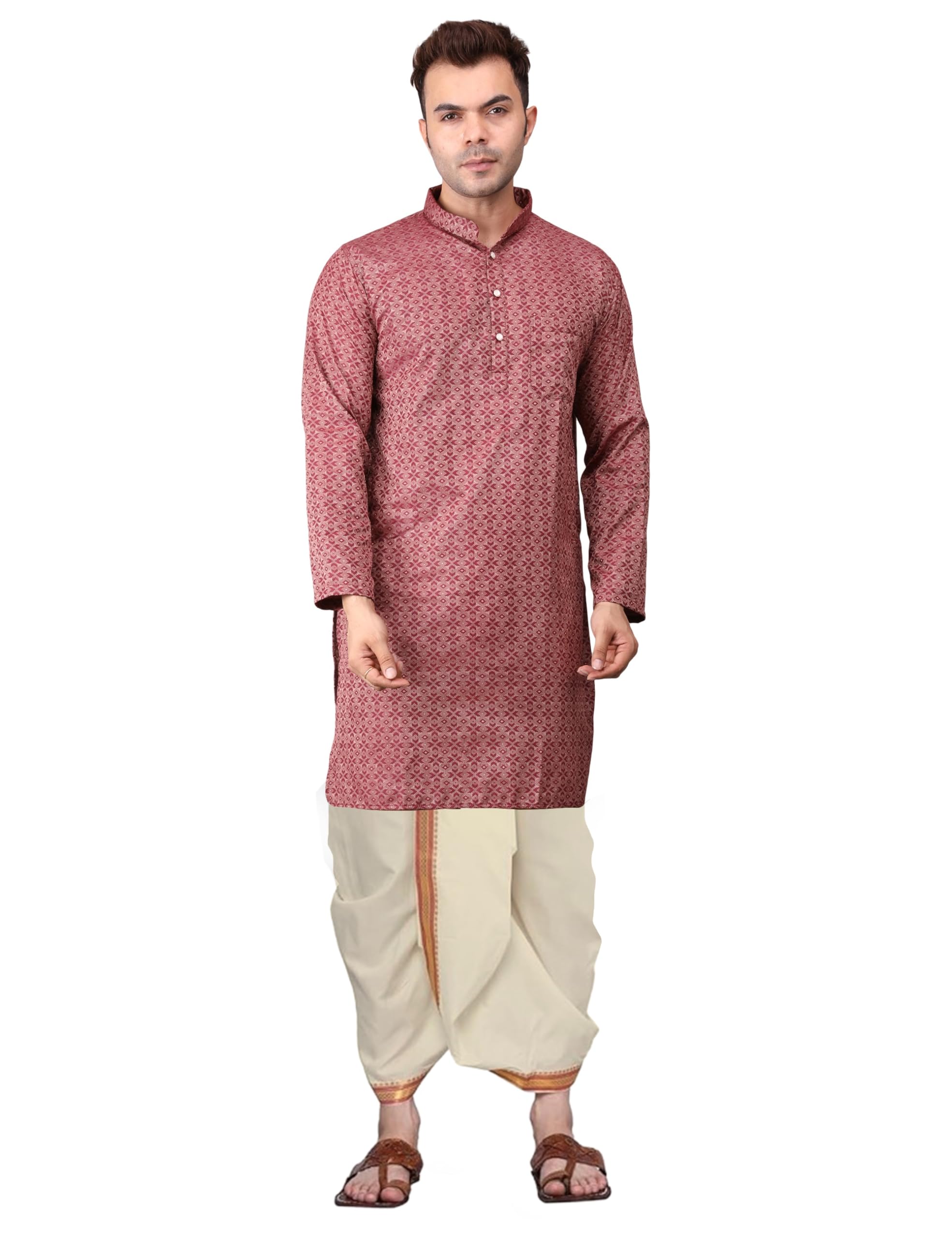 adarniya Men's Silk Cotton Kurta with Cream Dhoti Pant Set, Traditional Mandarin Collar, Full Sleeve, Regular Fit-picture-12