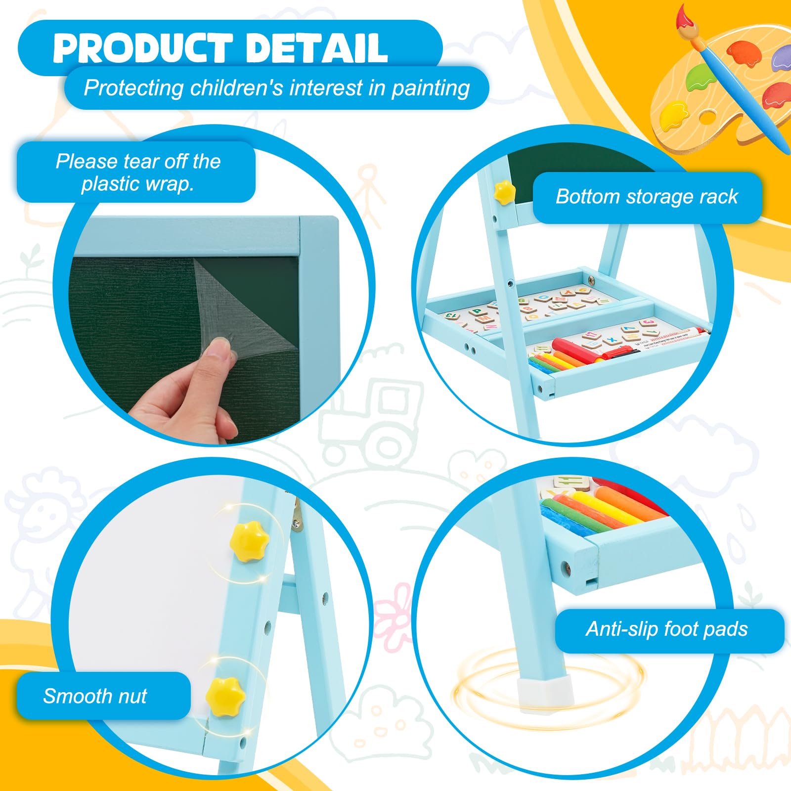 Lavagna in legno per bambini, Art Kids Easel cavalletto per l'arte Mini Blue Lavagna bifacciale e lavagna per bambini con numeri e altri accessori per bambini e bambini.