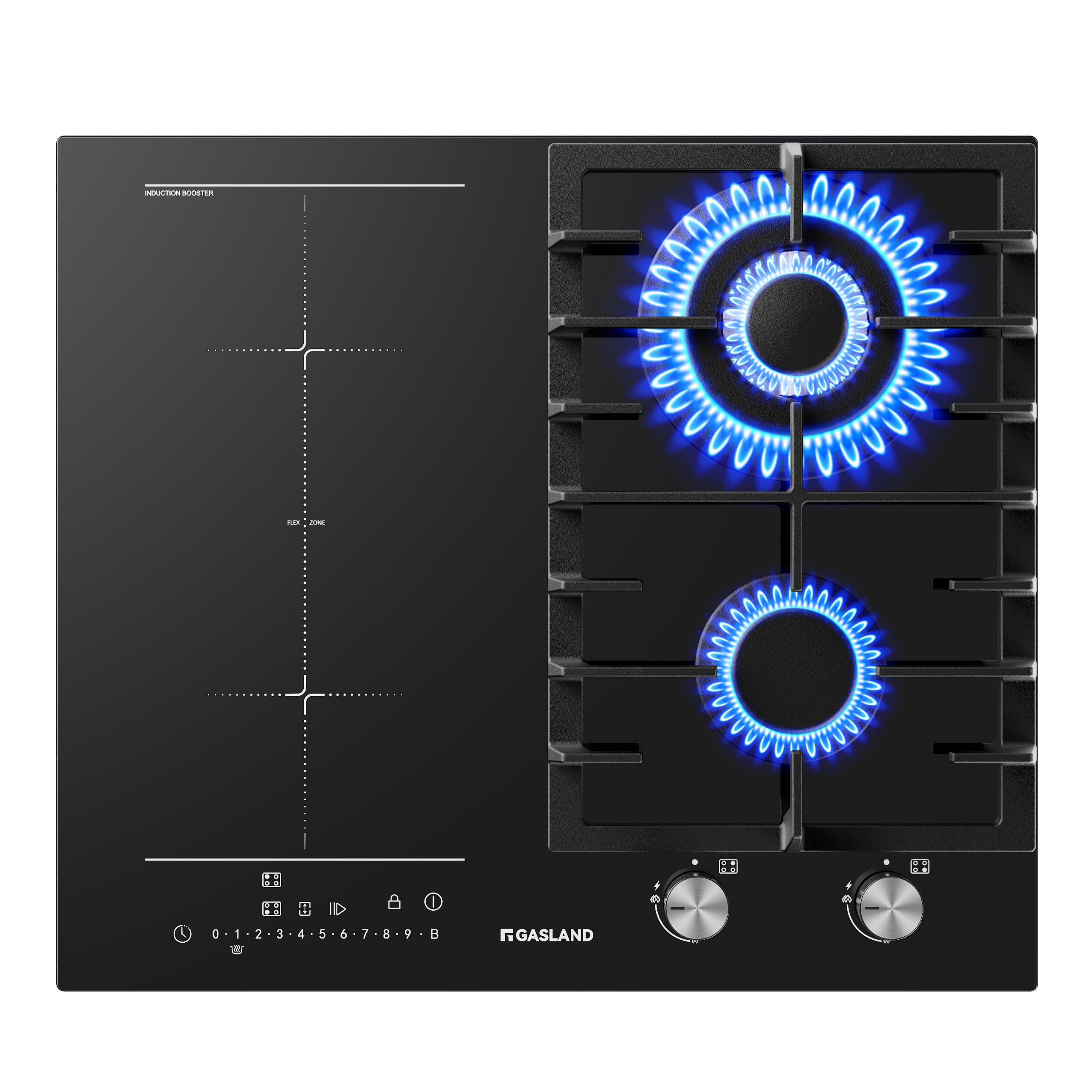 GASLAND GIH604BF Piano cottura a gas e induzione, piano cottura combinato da 60 cm, piano da incasso in vetro nero, gas 5200 W con bruciatore wok, induzione 3500 W, funzione BBQ
