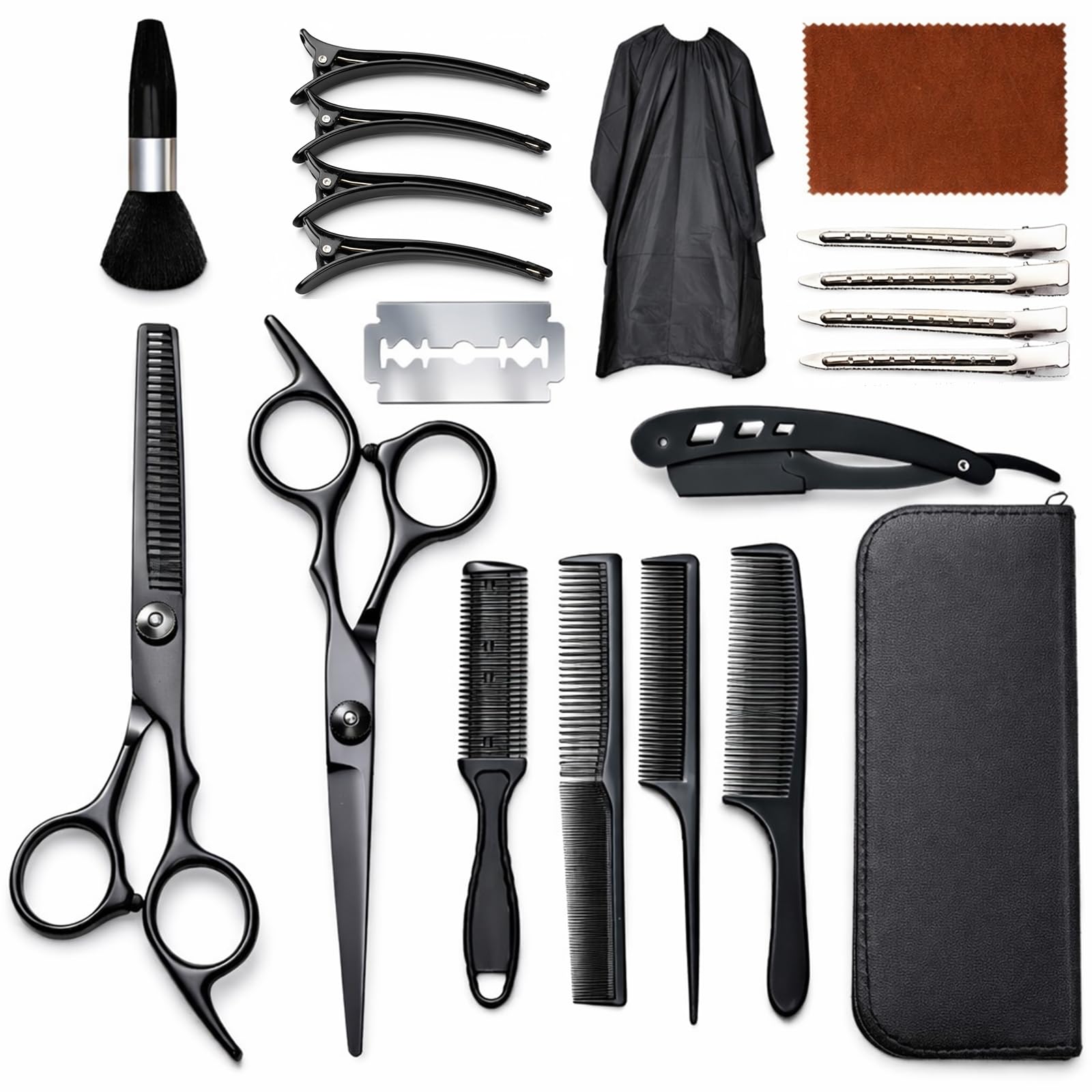 Hair Cutting Scissors & Shears Kit - 20-Piece Professional Hairdressing Tools Set for Barber Salon Home Thinning Scissors, Straight Razor, Comb, Clips, Cape, Hair Styling & Trimming for Men Women Kids